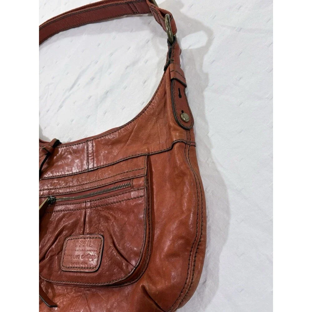 Authentic Vintage Fossil Long Live Vintage Orange Leather Hobo Bag ZB4407